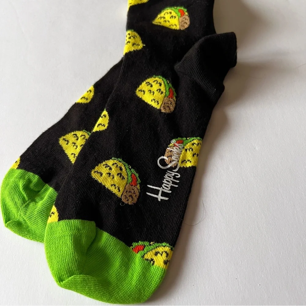 HAPPY SOCKS MENS COMBED COTTON CREW SOCKS TACO TO GO TACO PRINT BLACK OS NWT